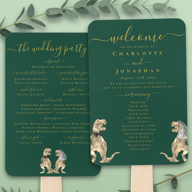 Dinosaur Theme Wedding Ceremony Green Gold Hand Fan (T-Rex bride and groom dinosaur dark emerald green gold script wedding ceremony program fans)
