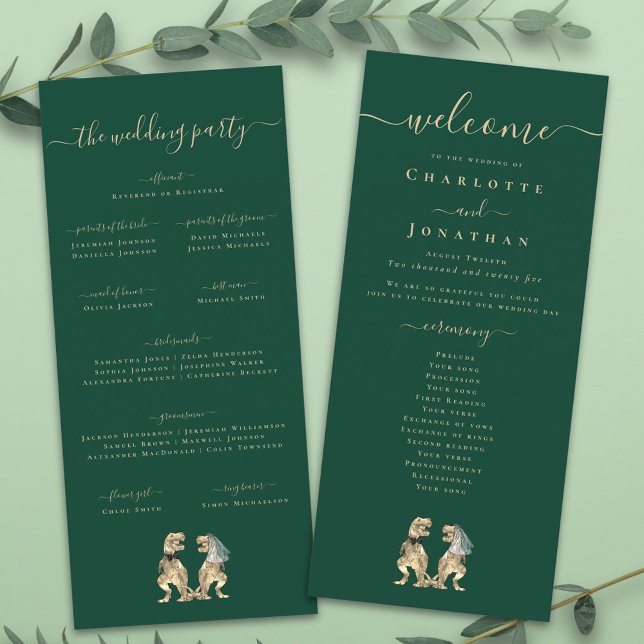 Dinosaur Theme Wedding Ceremony Green Program (Dinosaur wedding menu card Funny T-Rex bride and groom elegant modern script dark green )