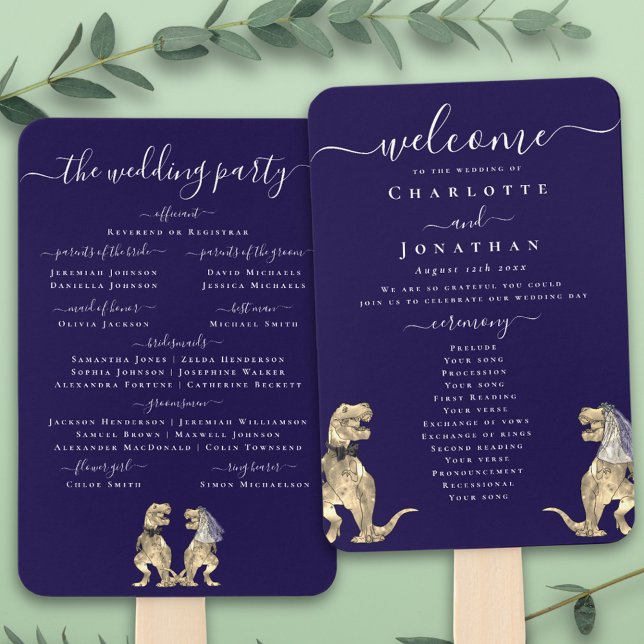 Dinosaur Theme Wedding Ceremony Navy Blue Hand Fan (T-Rex bride and groom dinosaur navy blue wedding ceremony program fans Elegant script)