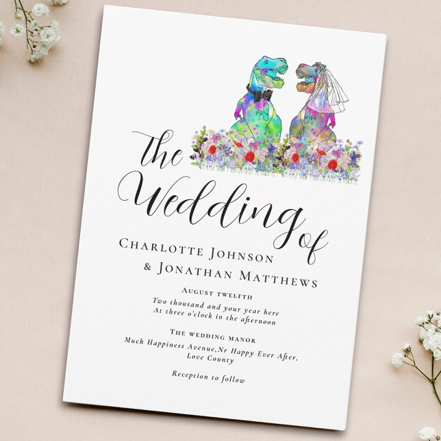 Dinosaur Theme Wedding Colourful Floral Invitation (Stylish script colorful wildflower dinosaur theme wedding invitation)