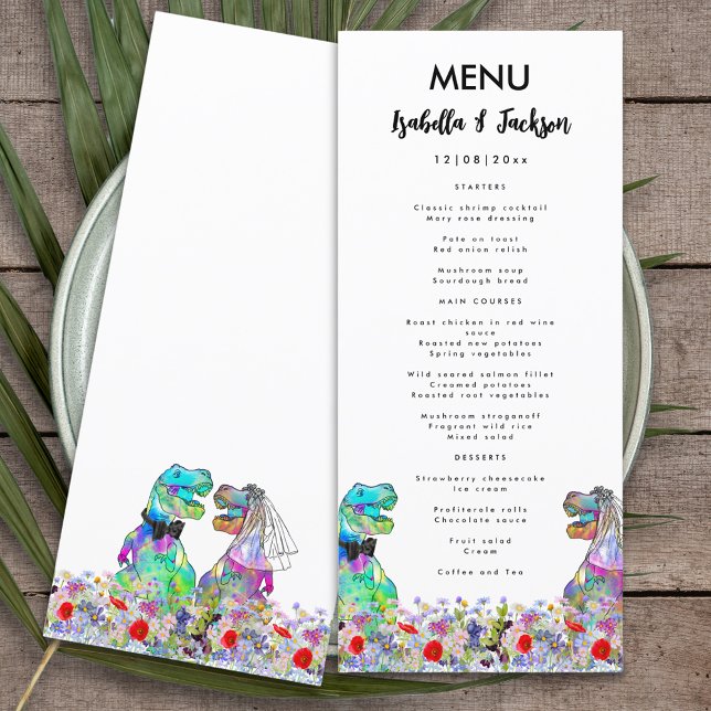 Dinosaur Theme Wedding Colourful Wildflower Menu (Dinosaur themed wedding menu with colorful T-Rex bride and groom in a colorful wildflower meadow)