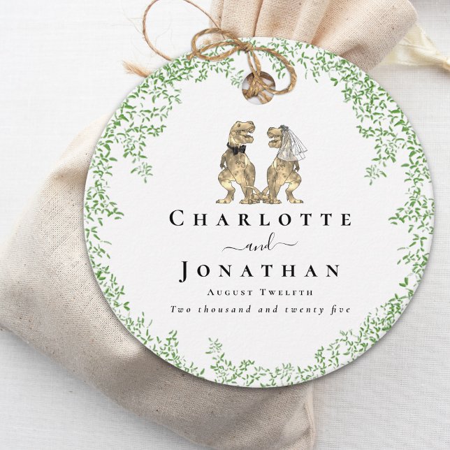 Dinosaur Theme Wedding Custom Favour Tags (Dinosaur wedding custom favor tag Watercolor greenery T-Rex dino bride and groom names)