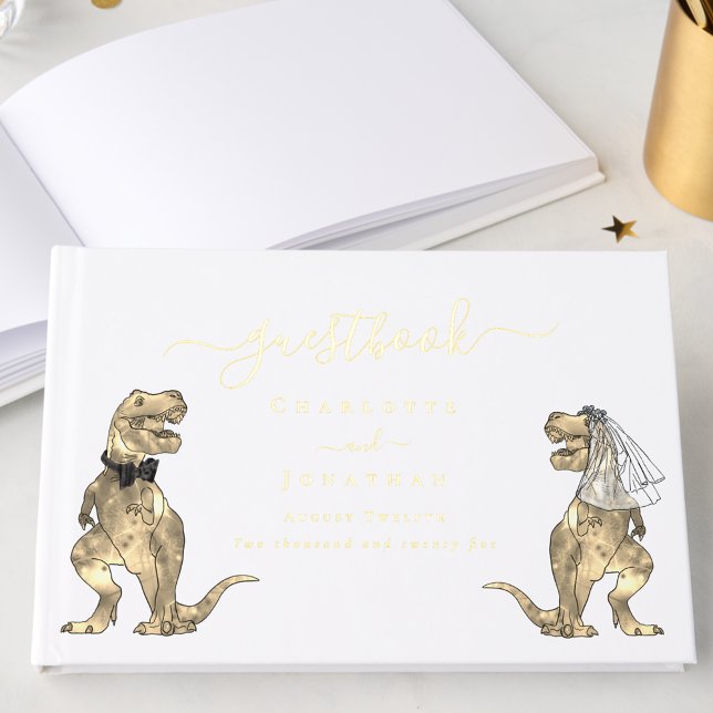 Dinosaur Theme Wedding Custom Gold Guest Book (Dinosaur theme wedding gold foil script custom guest book keepsake )