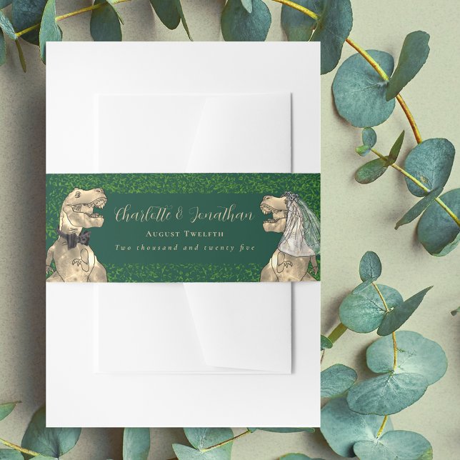 Dinosaur Theme Wedding Custom  Invitation Belly Band (Dinosaur wedding dark green invitation custom belly bands watercolor eucalyptus foliage T-Rex dino)