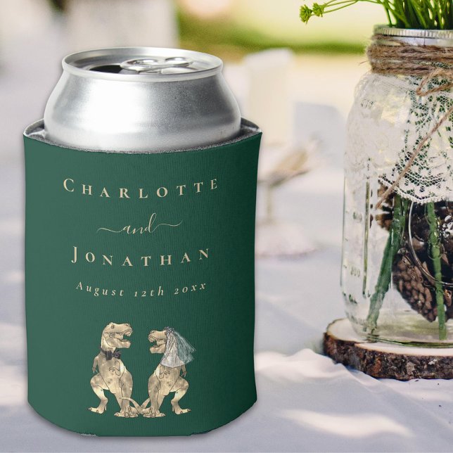 Dinosaur Theme Wedding Dark Green Can Cooler (Dinosaur wedding personalized dark green bride and groom names fun T-Rex dino couple Can cooler)