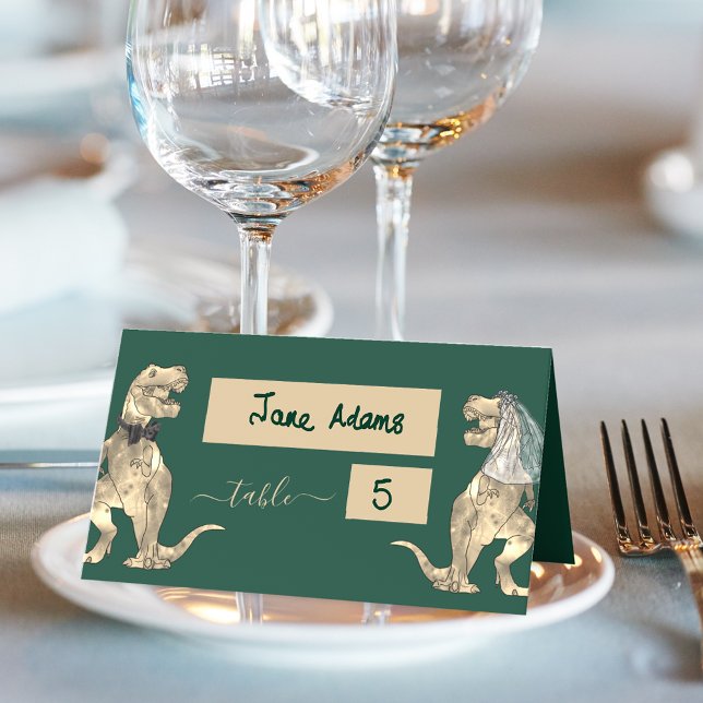 Dinosaur Theme Wedding Dark Green Place Card (Dinosaur wedding dark green table place cards T-Rex dino bride and groom Jurassic wedding )