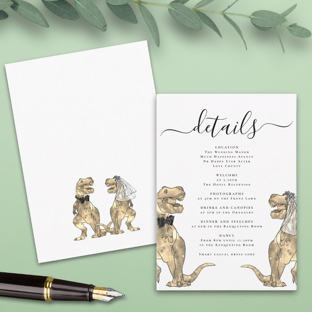 Dinosaur Theme Wedding Details Enclosure Card (T-Rex bride and groom funny dinosaur wedding invitation enclosure card modern elegant script)