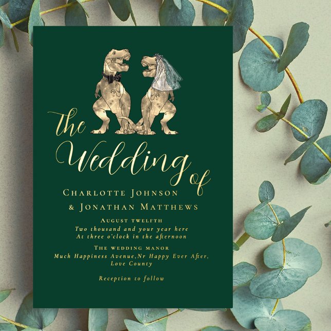 Dinosaur Theme Wedding Green and Gold (Dinosaur theme wedding dark green and elegant gold foil script invitation T-Rex dino bride & groom)