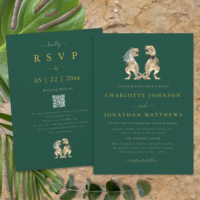 Dinosaur Theme Wedding Green Gold QR Code Invitation (Dinosaur theme wedding dark green gold beige qr code invitation T-Rex bride & groom Modern elegant)
