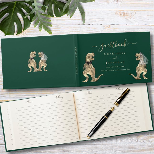 Dinosaur Theme Wedding Green Guest Book ( Dinosaur bride and groom wedding dark green custom guest book with funny T-Rex bride and groom dino)
