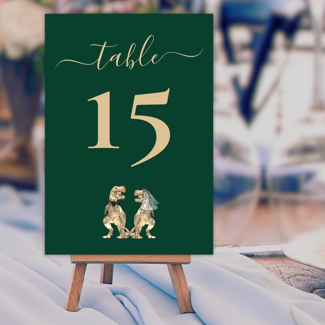 Dinosaur theme Wedding Green Table Number (Dinosaur theme wedding dark green custom Table number card elegant script T-Rex bride & groom)