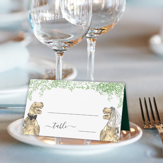 Dinosaur Theme Wedding Guest Name Place Card (Green Dinosaur wedding table name place cards Funny T-Rex dino bride & groom eucalyptus foliage)