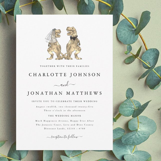 Dinosaur Theme Wedding Invitation (dinosaur theme wedding black and white invitation elegant modern T-Rex dino bride and groom)