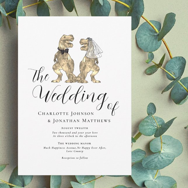 Dinosaur Theme Wedding Invitation (Dinosaur wedding elegant modern script invitation funny T-Rex dino bride and groom)