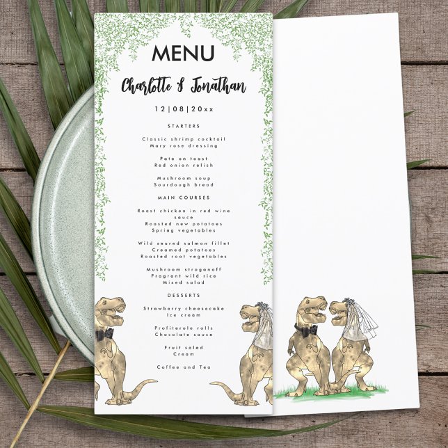Dinosaur Theme Wedding Menu (T-Rex bride and groom dinosaur wedding day menu)