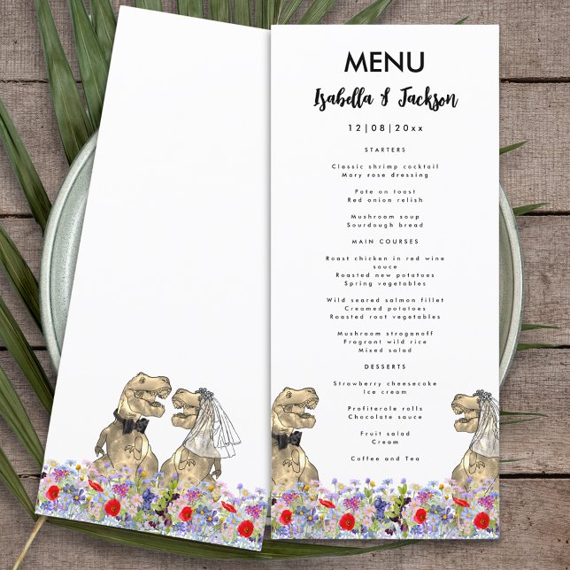 Dinosaur Theme Wedding Menu (Fun dinosaur themed wedding menu with T-Rex bride and groom in a colorful wildflower meadow )