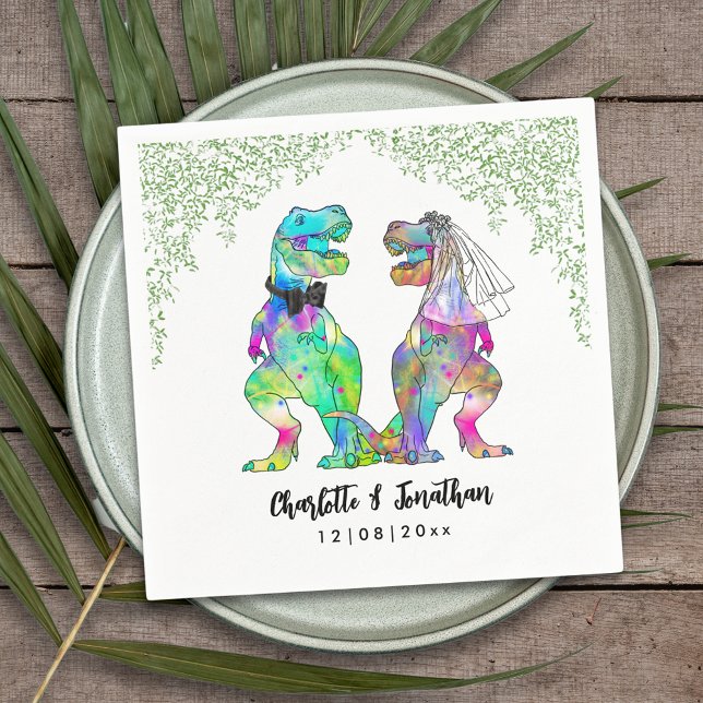 Dinosaur Theme Wedding Napkin (Colorful dinosaur themed wedding funny T-Rex bride and groom Jurassic jungle foliage custom napkin)
