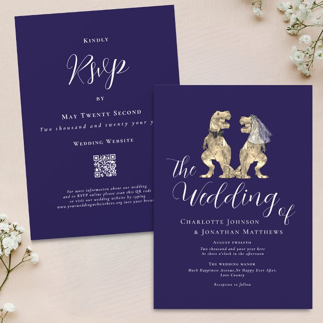 Dinosaur Theme Wedding Navy Blue White QR Code Invitation (Dinosaur theme wedding navy blue and white QR code invitation Elegant modern script )