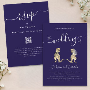 Dinosaur Theme Wedding Navy Blue White QR Code Invitation