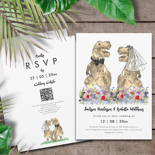 Dinosaur Theme Wedding QR Code Invitation (Dinosaur wedding QR code invitation T-Rex bride and groom in colorful prehistoric wildflower meadow)