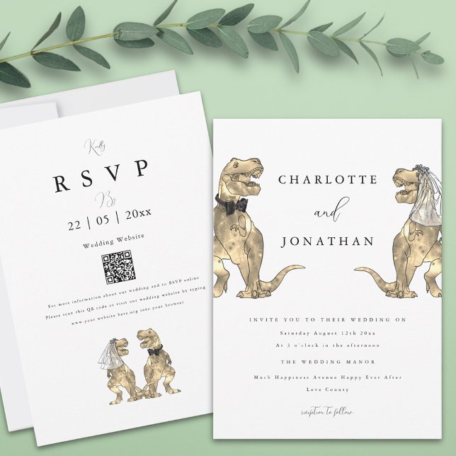 Dinosaur Theme Wedding QR code Invitation (T-Rex bride and groom funny dinosaur wedding qr code invitation )