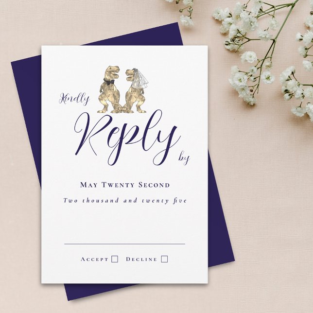 Dinosaur Theme Wedding Reply Navy Blue RSVP Card (Dinosaur theme wedding navy blue & white invitation RSVP card T-Rex bride & groom elegant script)