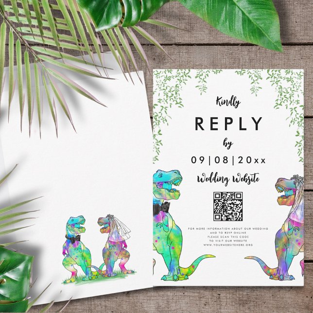 Dinosaur Theme Wedding Reply QR Code RSVP Card (T-Rex bride and groom colorful dinosaur wedding reply wedding website QR code enclosure card)