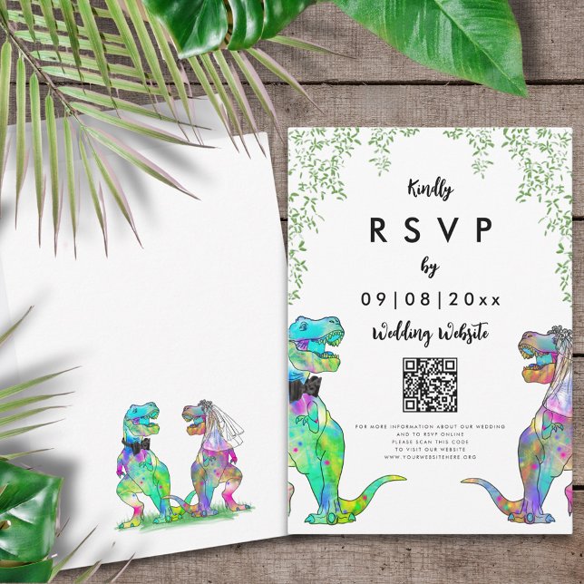 Dinosaur Theme Wedding Reply QR Code RSVP Card (T-Rex bride and groom colorful dinosaur wedding invitation RSVP enclosure card with website QR code)