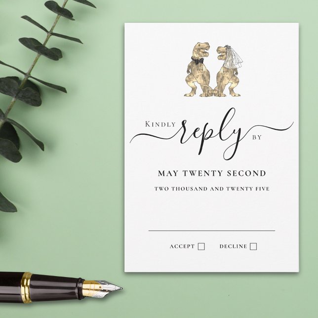 Dinosaur Theme Wedding Reply RSVP Card (T-Rex bride and groom funny dinosaur wedding rsvp card with elegant modern script )