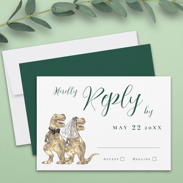 Dinosaur Theme Wedding Reply RSVP Card (Dinosaur theme wedding RSVP card dark green with T-Rex dino bride and groom and elegant script)