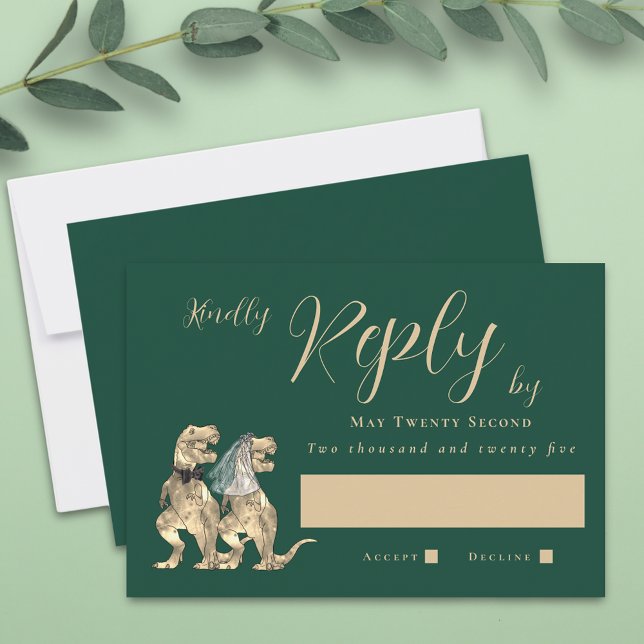 Dinosaur Theme Wedding Reply RSVP Card (Dinosaur wedding dark green invitation RSVP T-Rex dino bride and groom modern elegant script)
