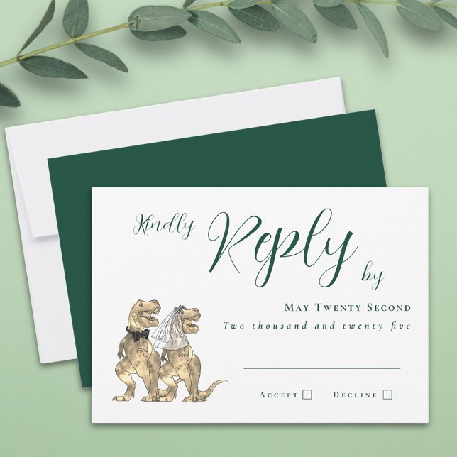Dinosaur Theme Wedding Reply RSVP Card (Dinosaur theme dark green wedding invitation RSVP T-Rex dino bride and groom elegant script )