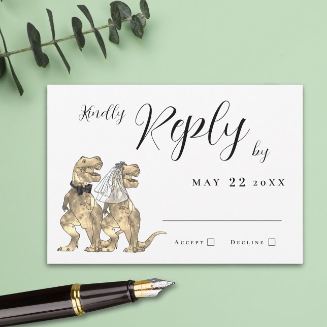 Dinosaur Theme Wedding Reply RSVP Card (T-Rex bride & groom funny dinosaur wedding RSVP card Elegant modern script simple minimalist design)