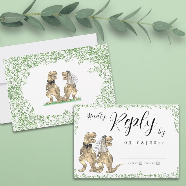 Dinosaur Theme Wedding Reply RSVP Card (Botanical dinosaur theme wedding invitation rsvp enclosure card with watercolor eucalyptus greenery )