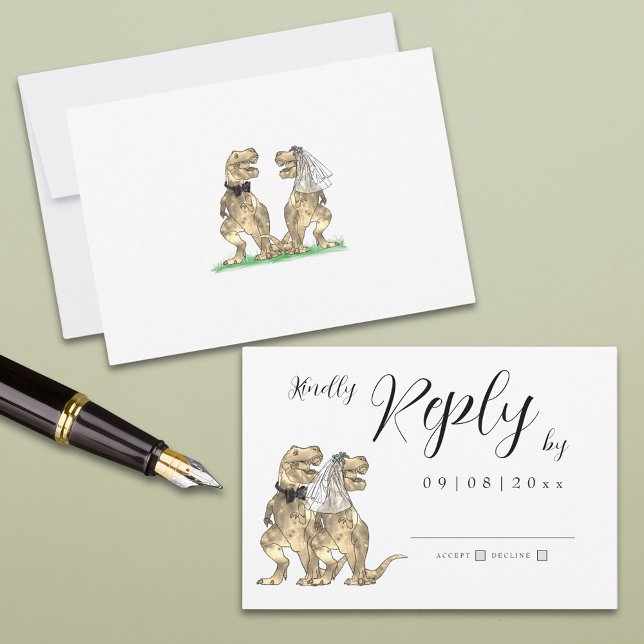 Dinosaur Theme Wedding Reply RSVP Card (Simple dinosaur bride and groom wedding invitation rsvp enclosure card with elegant script)