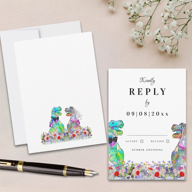 Dinosaur Theme Wedding Reply RSVP Card (Colorful wildflower dinosaur wedding reply enclosure card)