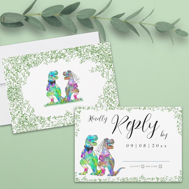 Dinosaur Theme Wedding Reply RSVP Card (Colorful dinosaur wedding rsvp enclosure card with T-Rex bride and groom and watercolor eucalyptus )