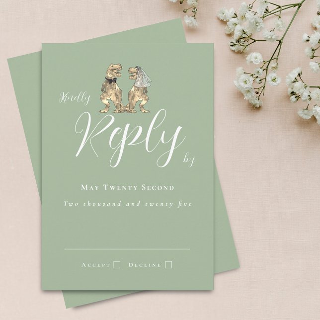 Dinosaur Theme Wedding Reply Sage Green RSVP Card (Dinosaur theme wedding sage green invitation RSVP card T-Rex dino bride and groom modern elegant)