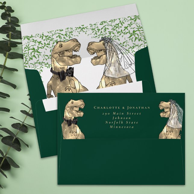 Dinosaur Theme Wedding Return Address  Envelope (T-Rex bride and groom dinosaur wedding invitation return address dark green envelope Eucalyptus )