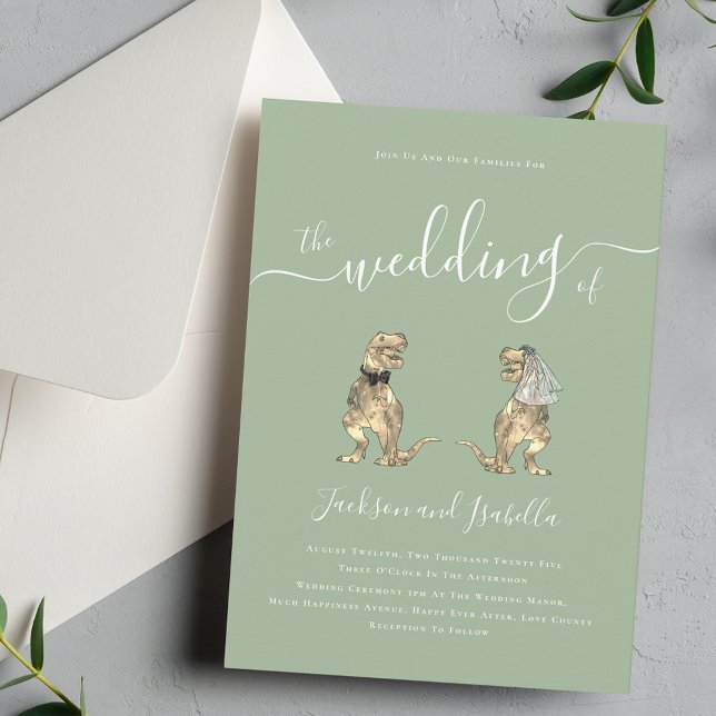 Dinosaur Theme Wedding Sage Green Invitation (Sage green Dinosaur theme wedding invitation Elegant modern script calligraphy T-Rex bride and groom)