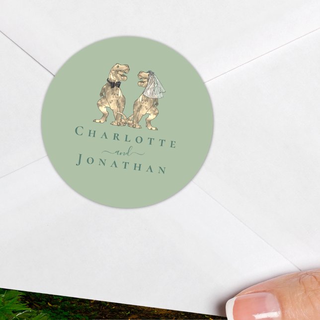 Dinosaur Theme Wedding Sage Green Personalised  Classic Round Sticker (dinosaur theme wedding sage green personalized sticker T-Rex dino bride and groom names elegant)