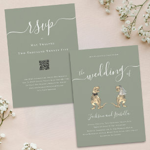 Dinosaur Theme Wedding Sage Green White QR Code Invitation