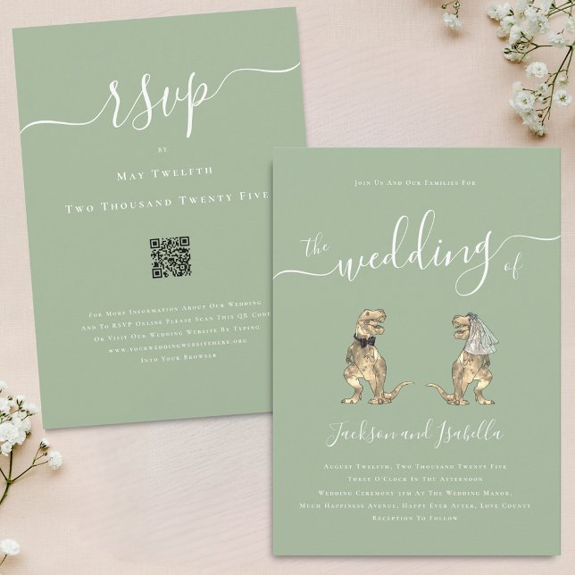 Dinosaur Theme Wedding Sage Green White QR Code Invitation (Dinosaur theme wedding sage green QR code invitation Eleagnt modern script T-Rex dino bride & groom)