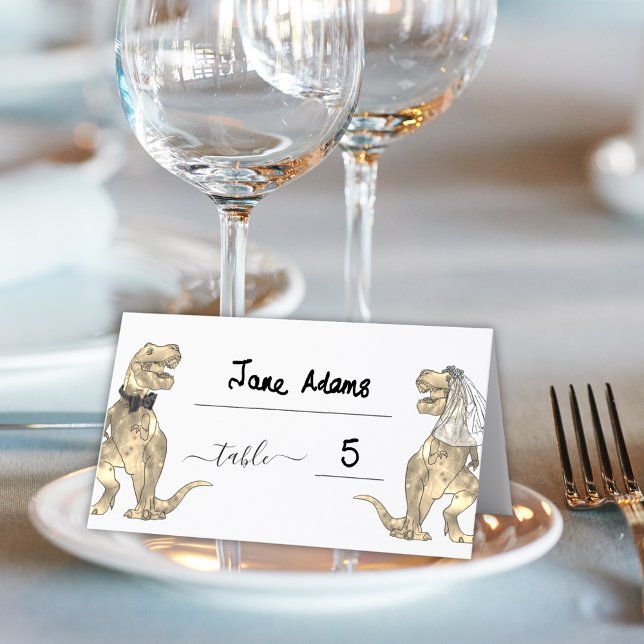 Dinosaur Theme Wedding Table Number Place Card (Dinosaur theme wedding table number place card elegant modern script funny T-Rex bride and groom)