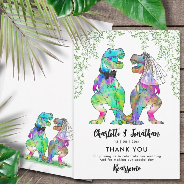 Dinosaur Theme Wedding Thank You Card (Dinosaur wedding funny colorful T-Rex bride and groom and Jurassic jungle foliage wedding thank you)