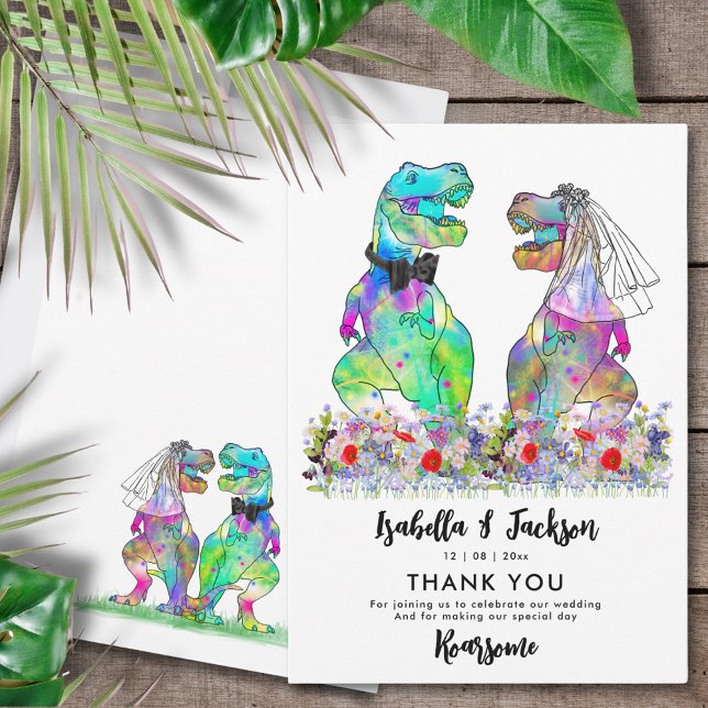 Dinosaur Theme Wedding Thank You Card (Funny T-Rex bride and groom dinosaur wedding thank you card with colorful wildflowers)