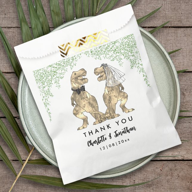 Dinosaur theme Wedding Thank You Favour Bag (Dinosaur themed wedding thank you custom favor bag Jurassic jungle foliage and T-Rex bride and groom)