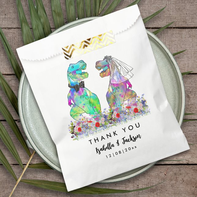 Dinosaur Theme Wedding Thank You Favour Bag (Dinosaur wedding funny T-Rex bride and groom colorful wildflower custom wedding thank you favor bag)