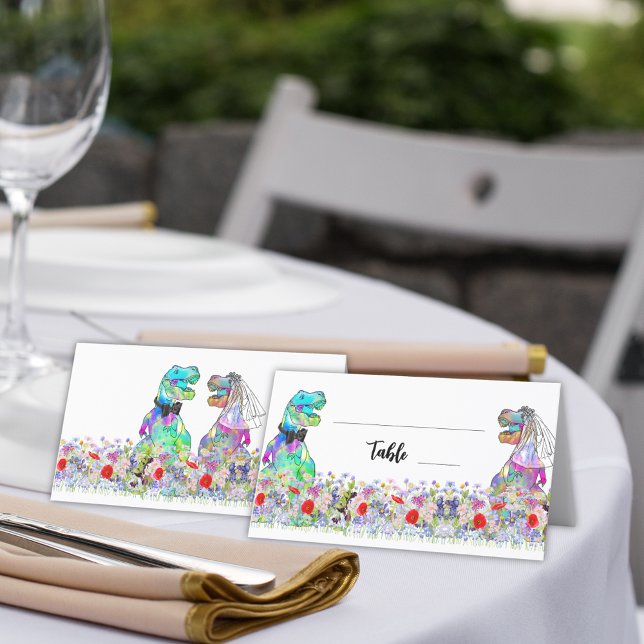 Dinosaur Theme Wedding Wildflower Place Card (dinosaur wedding fun T-Rex bride and groom place cards with colorful wildflowers )