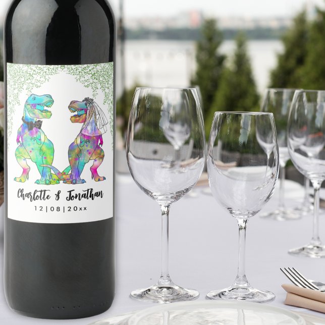 Dinosaur Theme Wedding Wine Label (Colorful T-Rex Bride and Groom Dinosaur Wedding Custom wine labels)
